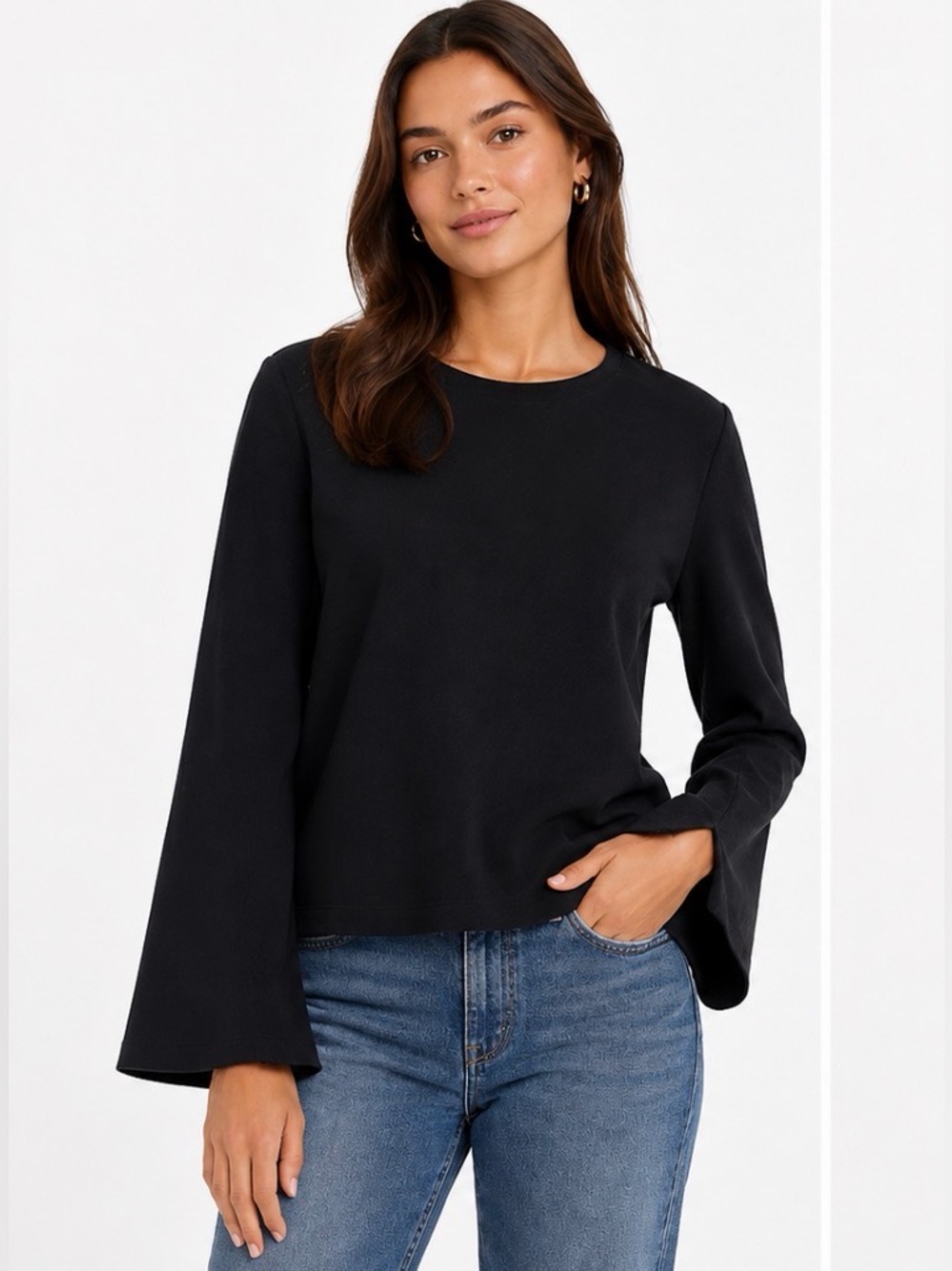 J.Crew Black Bell Sleeve Cotton Blend Top Crewneck Size Small